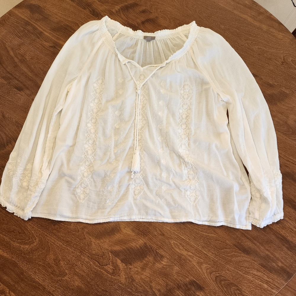 J.Jill Top, Peasant Blouse, White Boho, Womens XL with White Embroidery